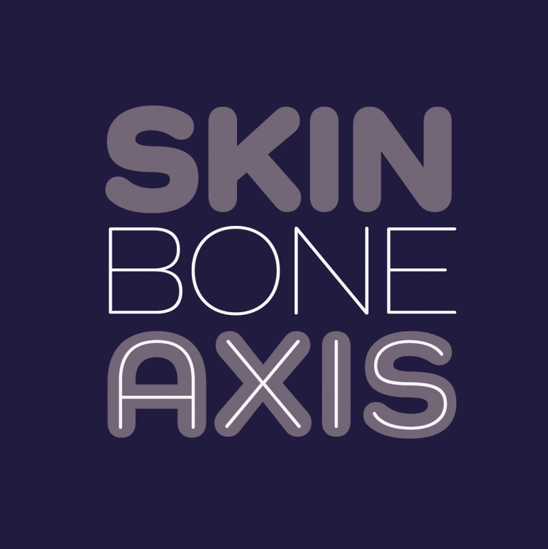 Large decorative type on purple background that reads "SKIN BONE AXIS"