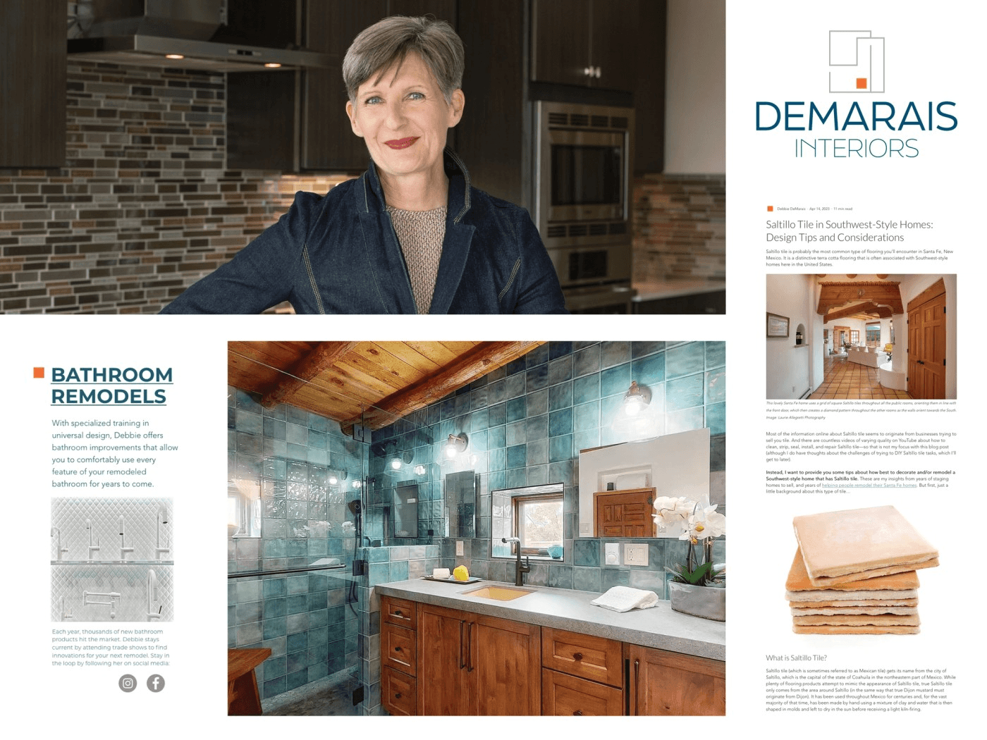 Grid of images and text featuring professional woman's portrait, rooms in Santa Fe homes, and an excerpt from an article about tile