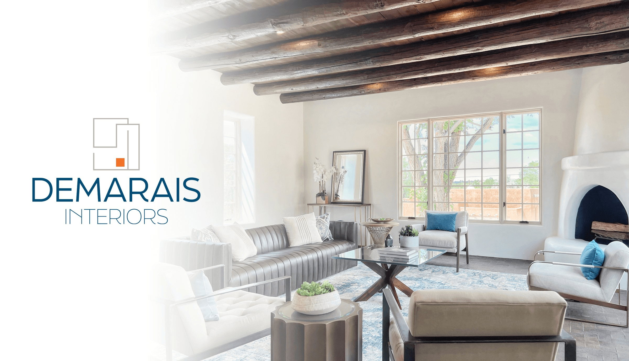 Santa Fe home living room interior with company logo overlay
