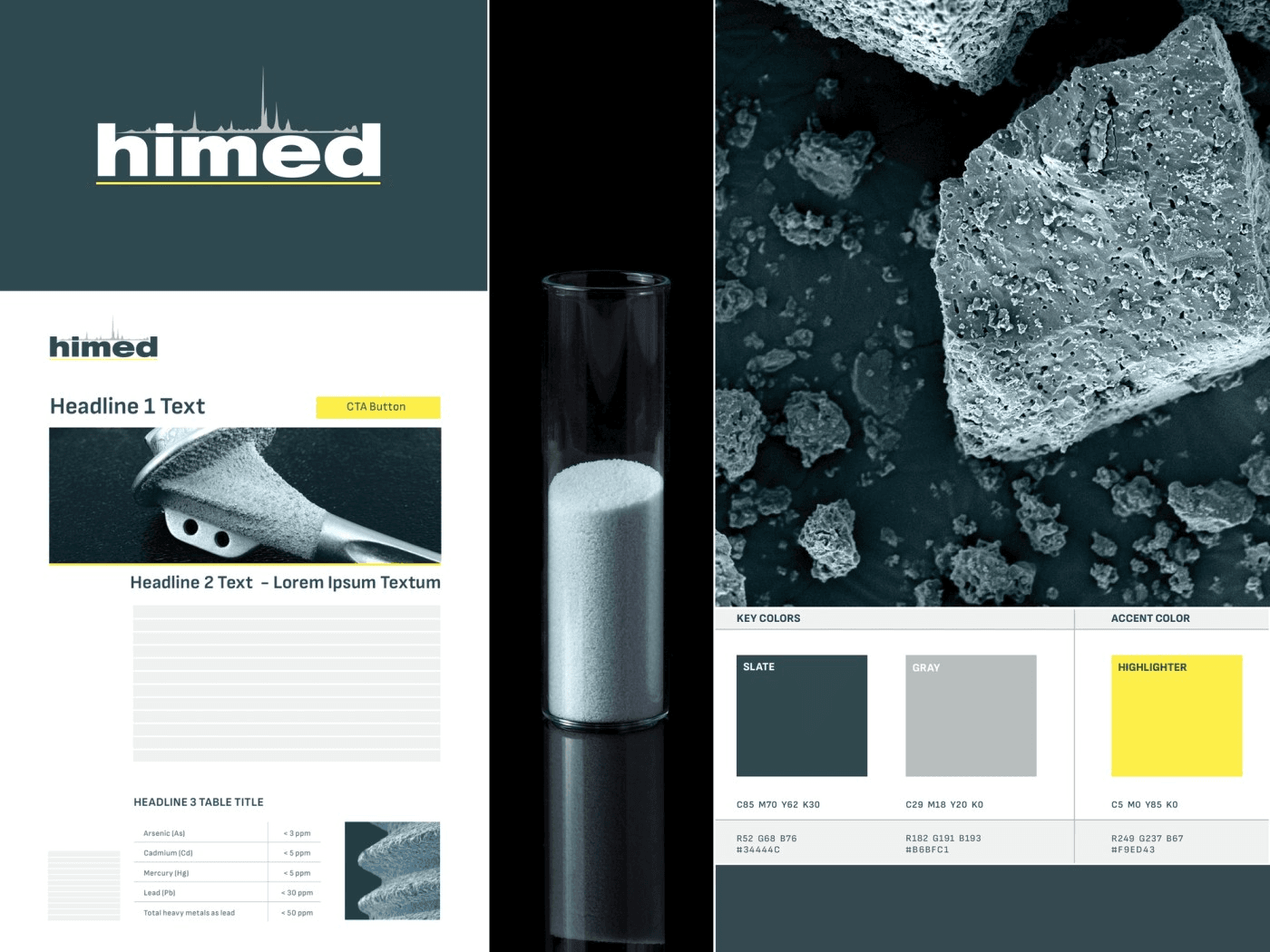 Mood board sampler of brand elements from Himed including logo, website layout sample, product photography, and color swatches