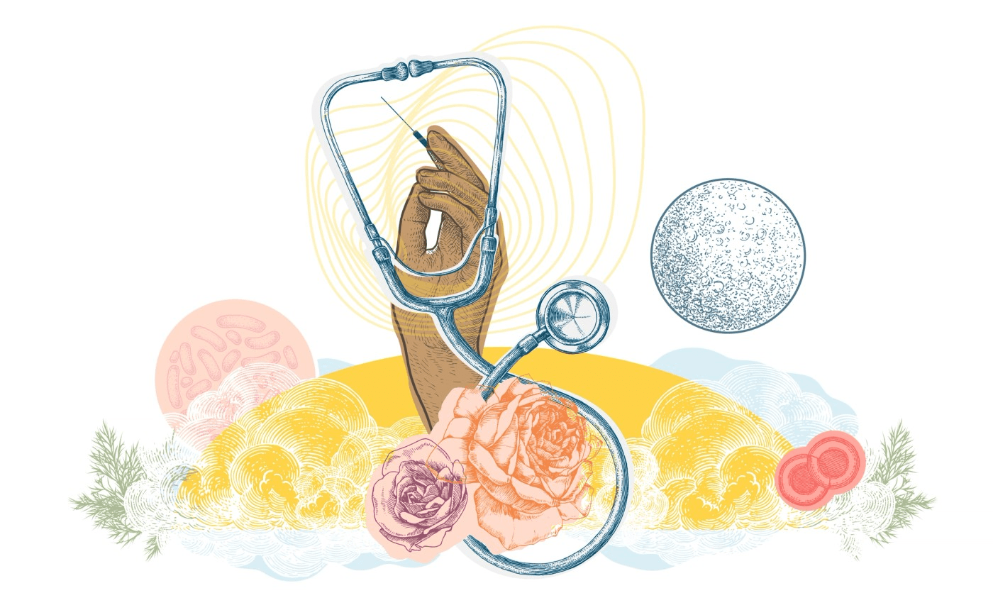 Bright illustration of hand holding acupuncture needle with stethoscope, roses, cells, clouds, plants, and the moon
