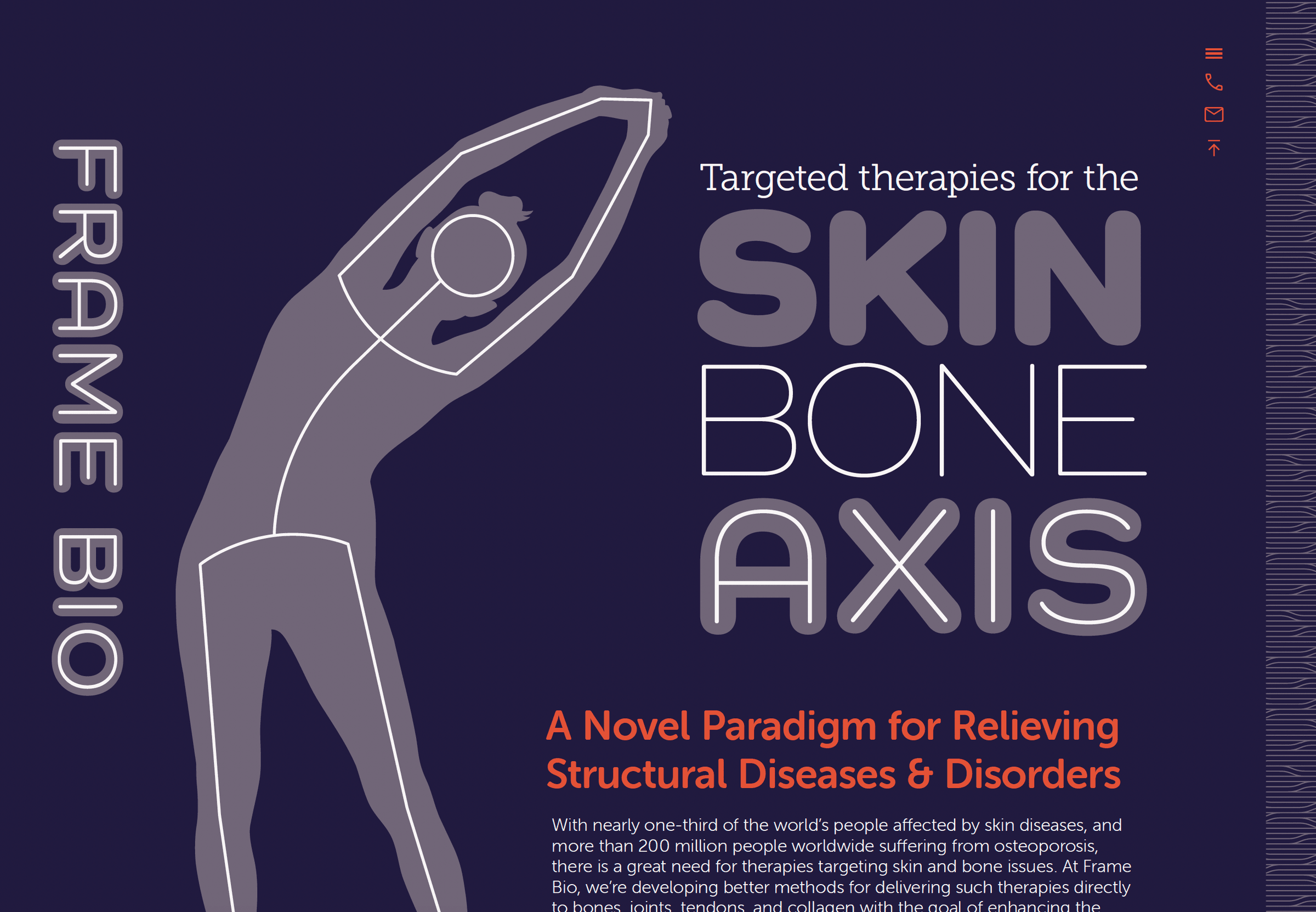 Top of landing page for Frame Bio website with stretching figure shape on purple background and tagline "Targeted Therapies for the Skin Bone Axis"