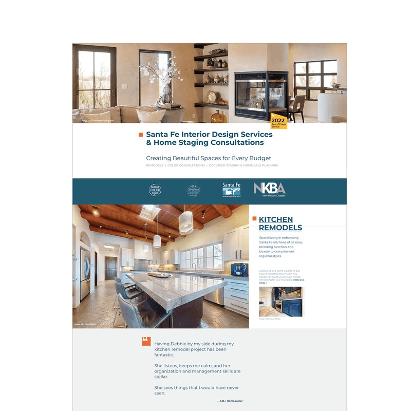Webpage detail with text and photographs of a Southwest-style living room and kitchen