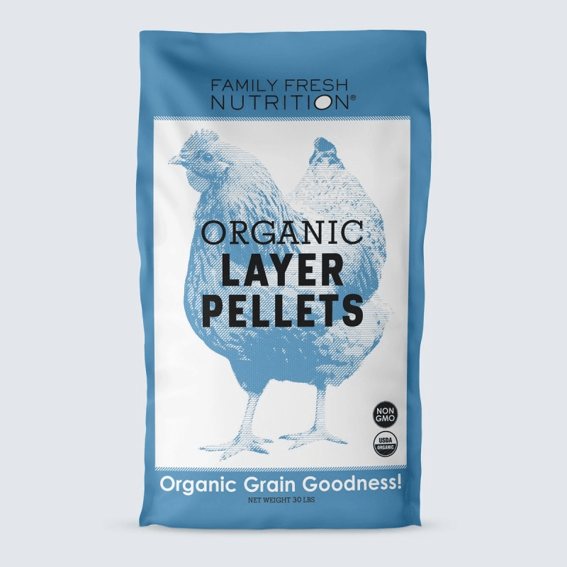 Large organic chicken feed bag with blue design on gray background