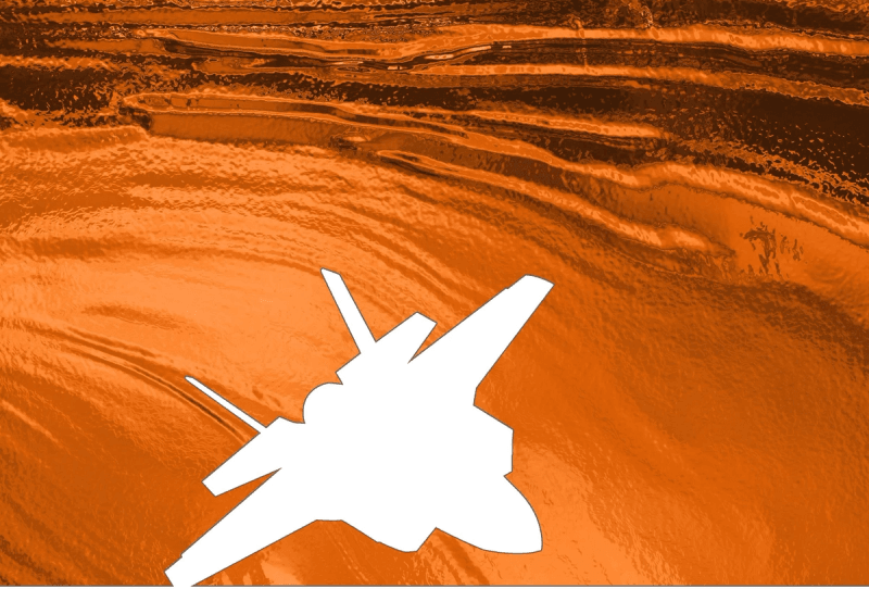 Shape of a flying jet on a liquid chrome background in bright orange