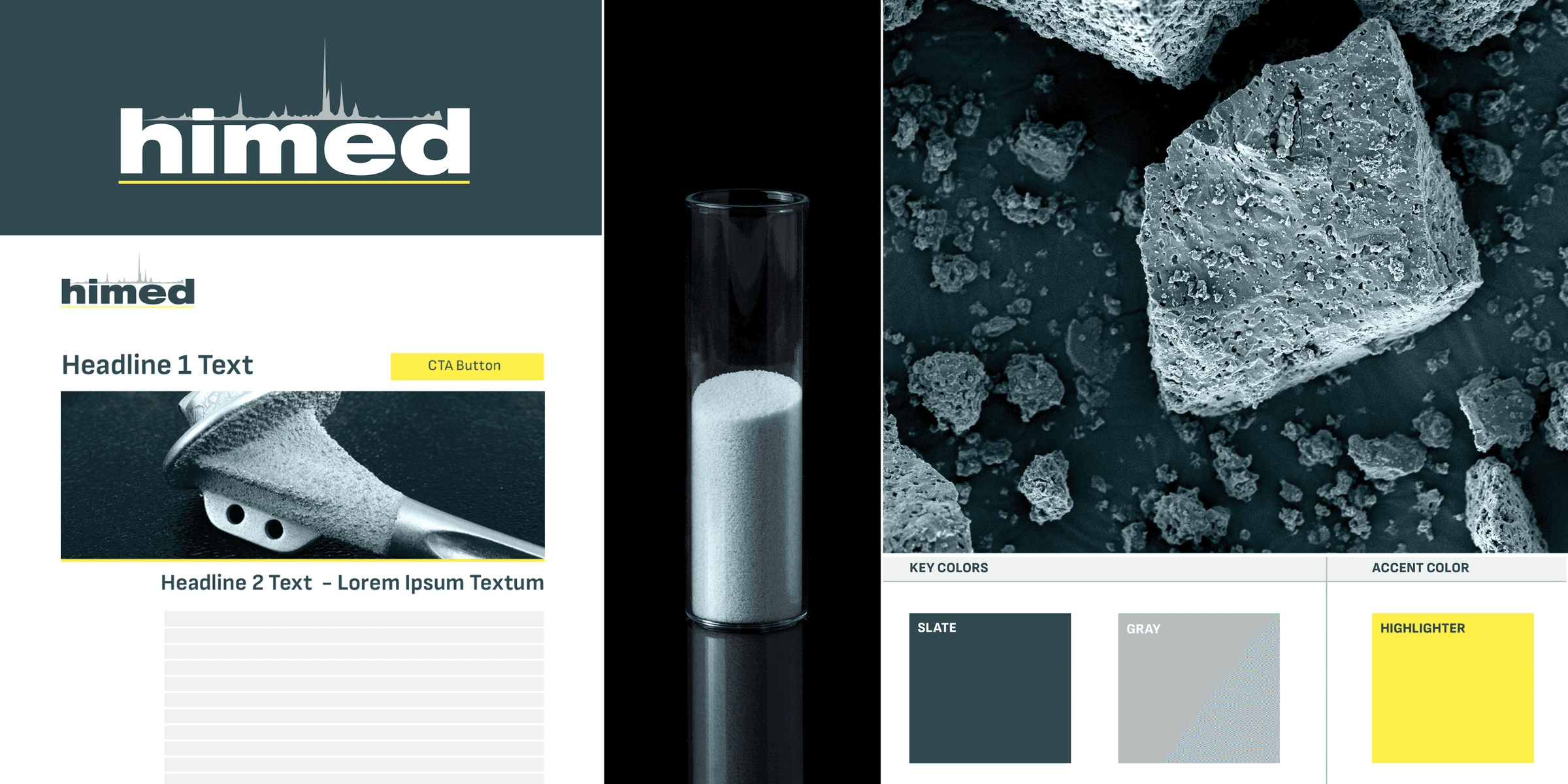 Examples of various Himed brand elements like logo, colors, and photography in a grid layout