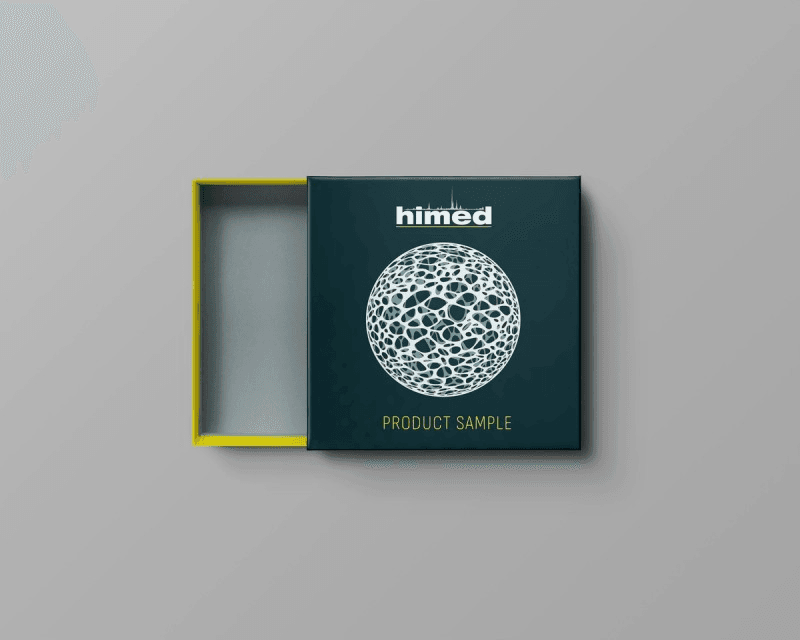 Branded scientific sample box on gray background with porous sphere graphic on front