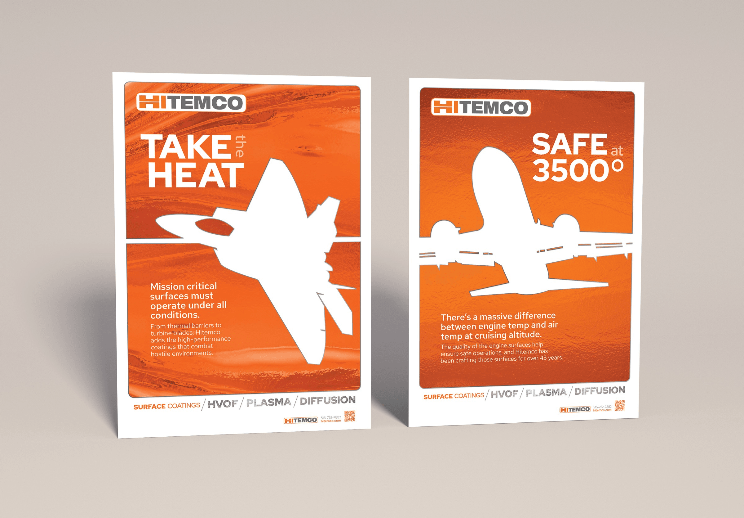 Two promotional posters for Hitemco featuring aircraft and bright orange backgrounds